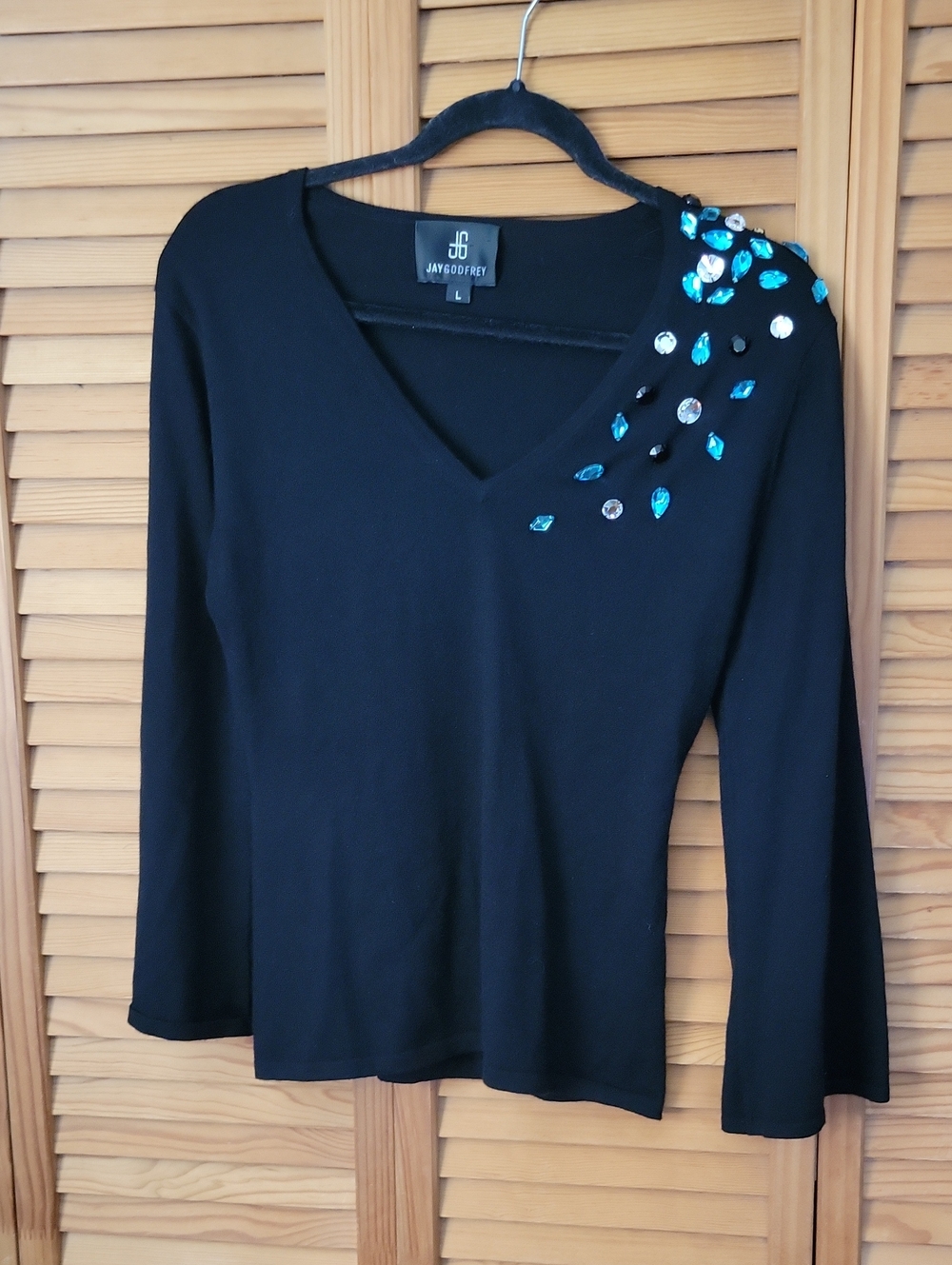Jay Godfrey Black Blue White Jeweled 100% Cashmere Long Bell Sleeve Top Size L